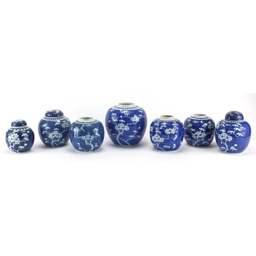 597 - Seven Chinese blue and white porcelain ginger jars, all hand painted with Prunus flowers, each with ... 