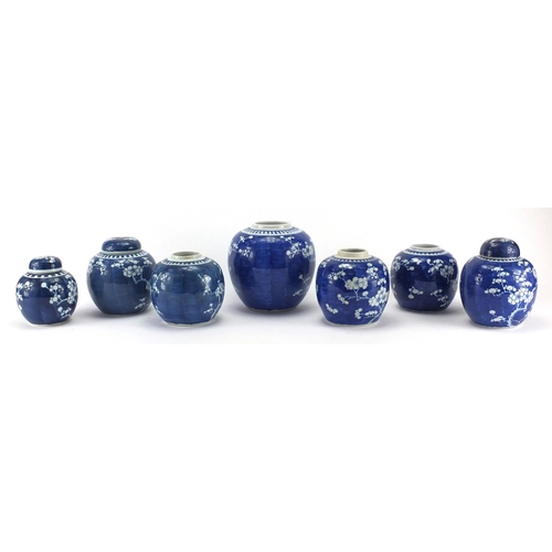 597 - Seven Chinese blue and white porcelain ginger jars, all hand painted with Prunus flowers, each with ... 