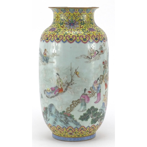 615 - Chinese porcelain vase, finely hand painted in the famille rose palette with figures and a river lan... 