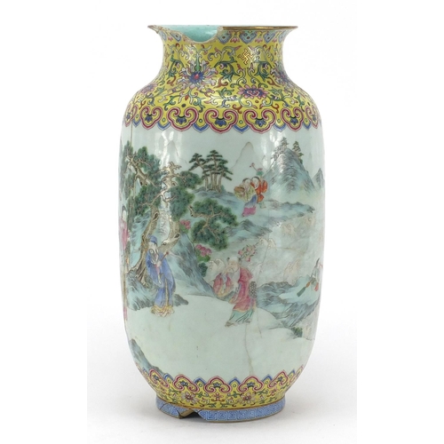 615 - Chinese porcelain vase, finely hand painted in the famille rose palette with figures and a river lan... 