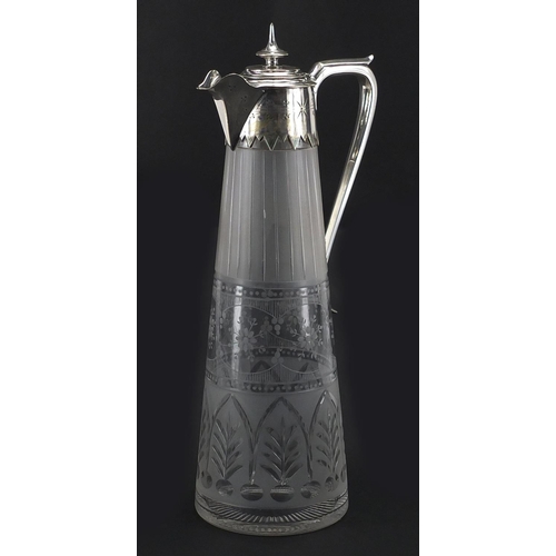 911 - Edwardian cut glass claret jug with silver plated mounts, etched with flowers, 31.5cm high
