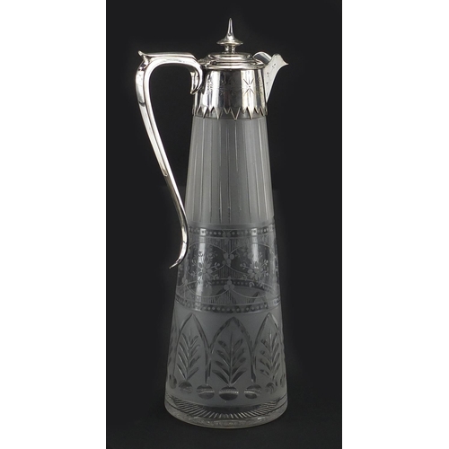 911 - Edwardian cut glass claret jug with silver plated mounts, etched with flowers, 31.5cm high