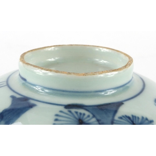 604 - Chinese blue and white porcelain bowl, hand painted with three friends, 16cm in diameter