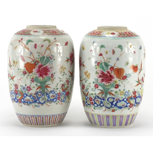 620 - Pair of Chinese porcelain jars, each finely hand painted in the famille rose palette with flowers an... 