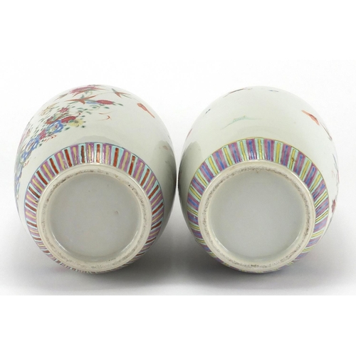 620 - Pair of Chinese porcelain jars, each finely hand painted in the famille rose palette with flowers an... 