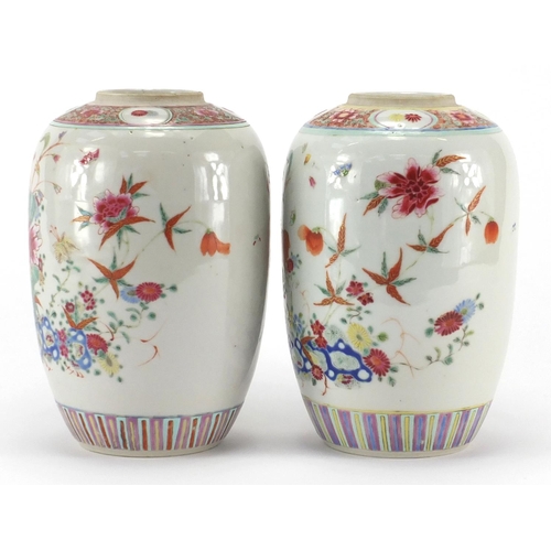 620 - Pair of Chinese porcelain jars, each finely hand painted in the famille rose palette with flowers an... 