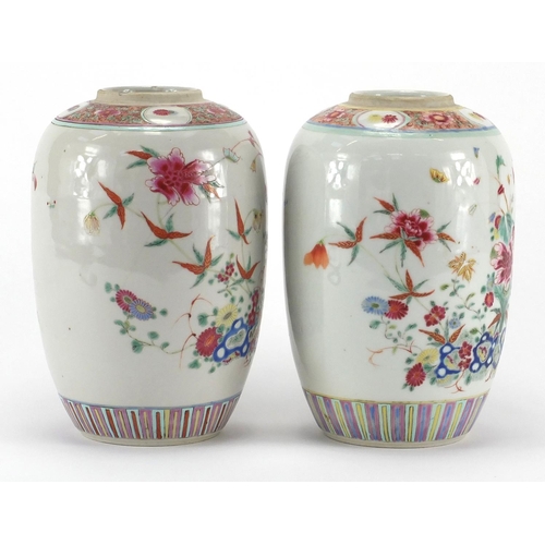 620 - Pair of Chinese porcelain jars, each finely hand painted in the famille rose palette with flowers an... 