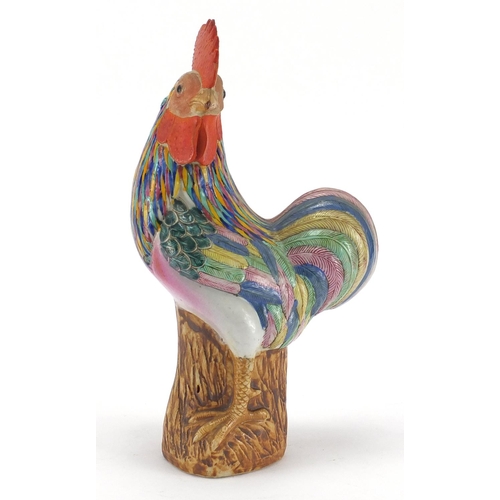 629 - Chinese porcelain cockerel, hand painted in the famille rose palette, part labels and impressed char... 