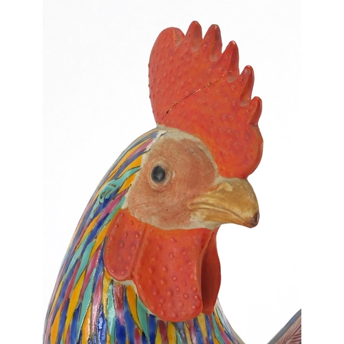 629 - Chinese porcelain cockerel, hand painted in the famille rose palette, part labels and impressed char... 