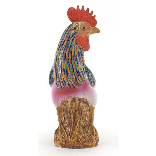 629 - Chinese porcelain cockerel, hand painted in the famille rose palette, part labels and impressed char... 