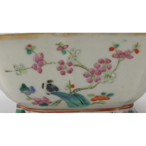 635 - Chinese porcelain comprising a square footed bowl and two famille rose vases, all hand painted with ... 