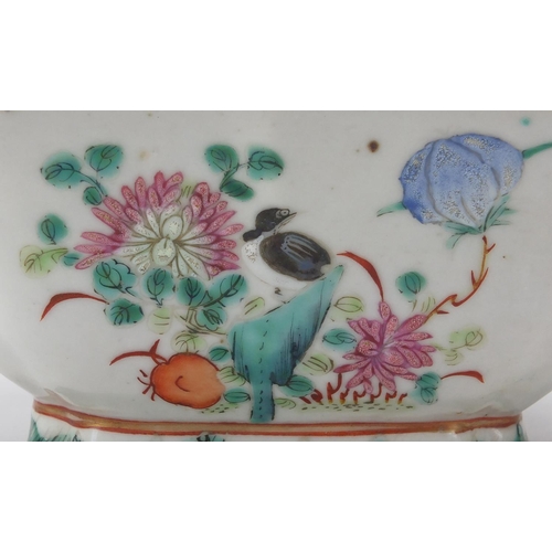 635 - Chinese porcelain comprising a square footed bowl and two famille rose vases, all hand painted with ... 