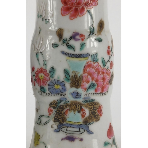 635 - Chinese porcelain comprising a square footed bowl and two famille rose vases, all hand painted with ... 