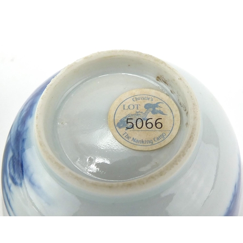 596 - Chinese Nanking Cargo blue and white porcelain tea bowl and saucer, each hand painted with a river l... 