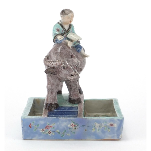 611 - Chinese porcelain boy and a buffalo crossing a bridge brush washer, finely hand painted in the famil... 