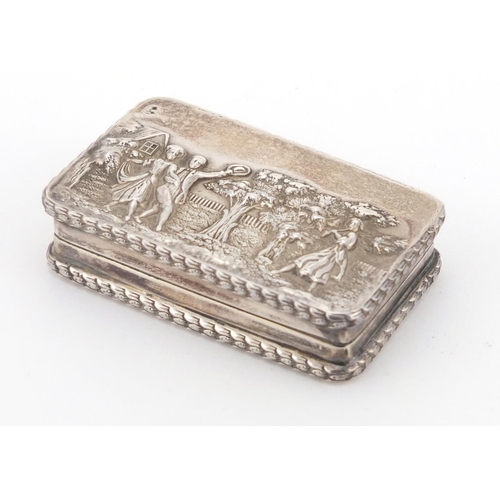 46 - Rectangular silver snuff box, the hinged lid embossed with figures before a cottage, D M & S Birming... 