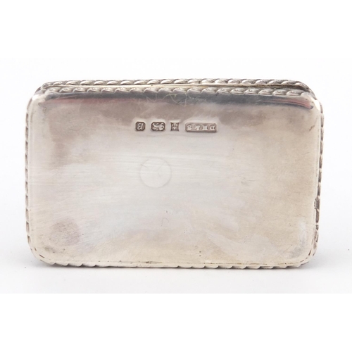 46 - Rectangular silver snuff box, the hinged lid embossed with figures before a cottage, D M & S Birming... 
