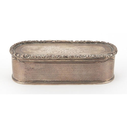 44 - Early Victorian oval silver snuff box by Joseph Willmore, with engine turned decoration and gilt int... 
