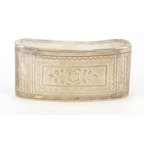 42 - Georgian curved silver snuff box by Joseph Willmore, with engraved decoration and gilt interior, Bir... 