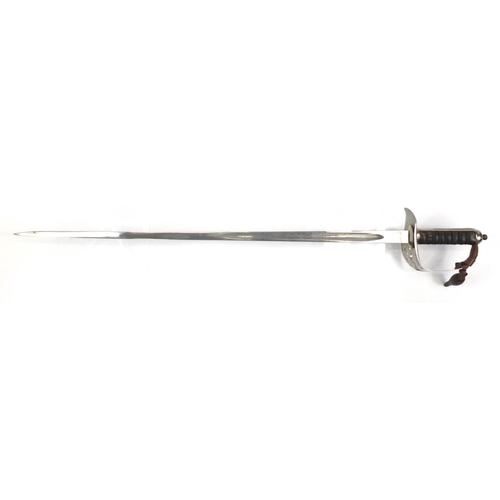 577 - British Military Calvary sword by Sanderson Bros & Newbould of Sheffield, with leather scabbard and ... 