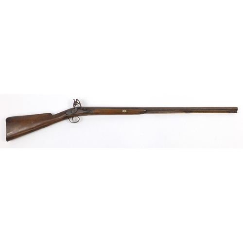 581 - 19th century flint lock rifle, the barrel with impressed proof marks, 126cm in length