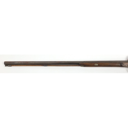 581 - 19th century flint lock rifle, the barrel with impressed proof marks, 126cm in length