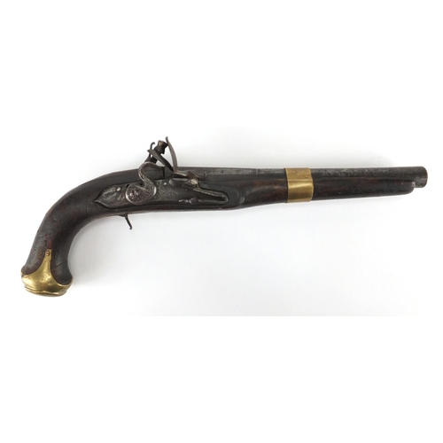 586 - 19th century flintlock pistol with engraved steel lock, 39cm in length