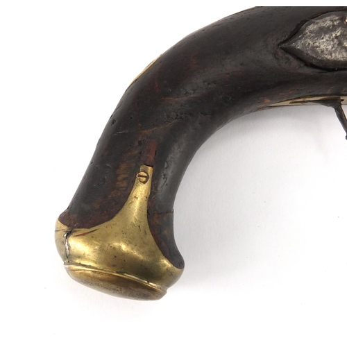 586 - 19th century flintlock pistol with engraved steel lock, 39cm in length