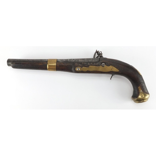 586 - 19th century flintlock pistol with engraved steel lock, 39cm in length