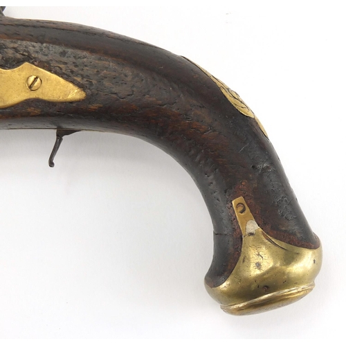 586 - 19th century flintlock pistol with engraved steel lock, 39cm in length