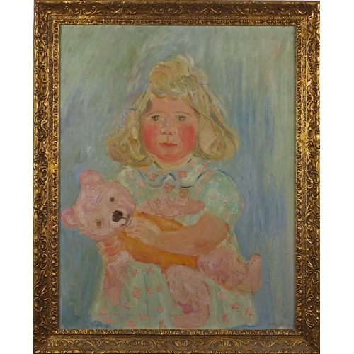 1655 - Young girl with a bear, oil on board, bearing an indistinct signature, framed, 57cm x 44cm