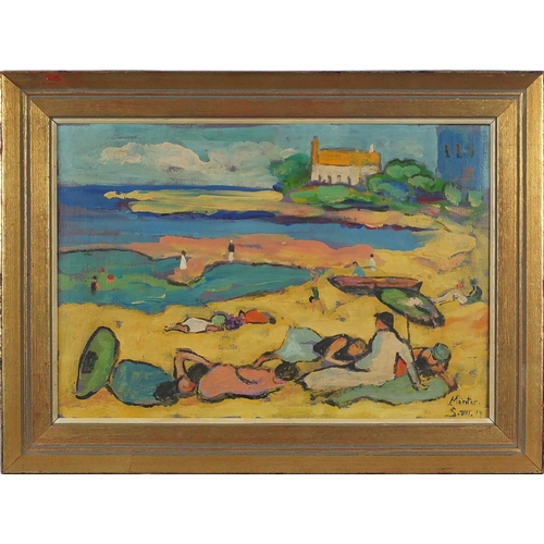 1595 - Figures on a beach, post impressionist oil on canvas, bearing a monogram Muntn, mounted and framed, ... 