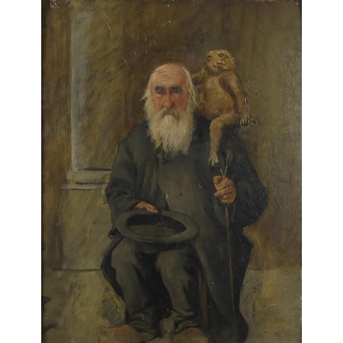 1594 - Elderly beggar with his monkey, oil on board, bearing an indistinct signature L Debuck? framed, 34.5... 