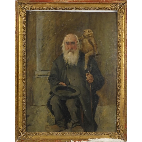 1594 - Elderly beggar with his monkey, oil on board, bearing an indistinct signature L Debuck? framed, 34.5... 