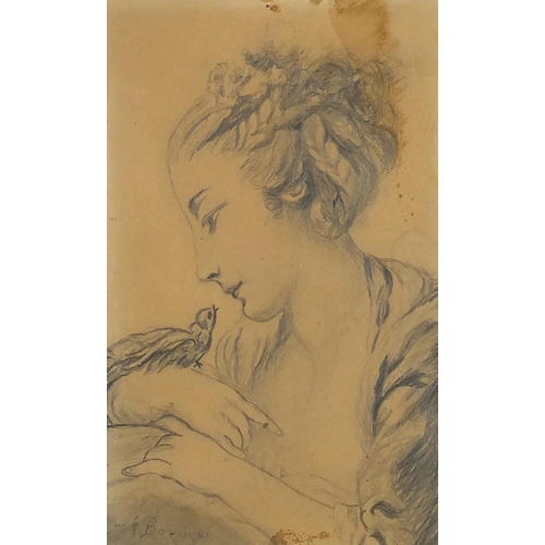 1535 - Young female with a bird, pencil on paper, bearing an indistinct signature Bouher? The Alton Gallery... 