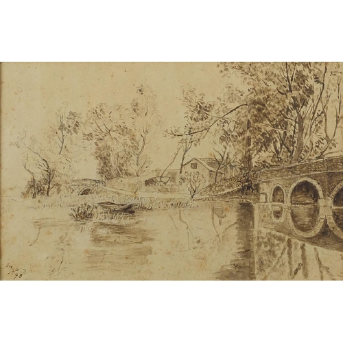 1586 - Figures beside a pond and moored boats by a bridge, pair of 19th century pen and wash, each bearing ... 