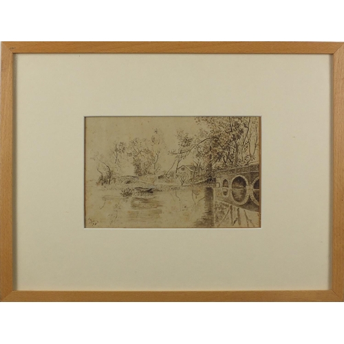 1586 - Figures beside a pond and moored boats by a bridge, pair of 19th century pen and wash, each bearing ... 