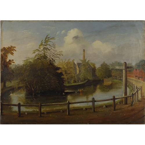 1646 - W Hodges - Figures beside a pond with a mill, 'To Beckenham and Croydon' 19th century oil on canvas,... 