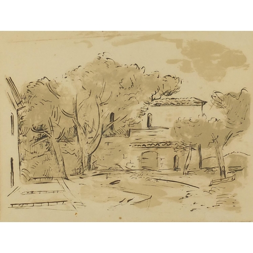 1653 - After Paul Signac - French garden of Riviera, early 20th century pen and wash, mounted and framed, 3... 