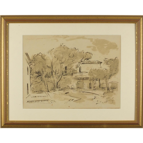 1653 - After Paul Signac - French garden of Riviera, early 20th century pen and wash, mounted and framed, 3... 