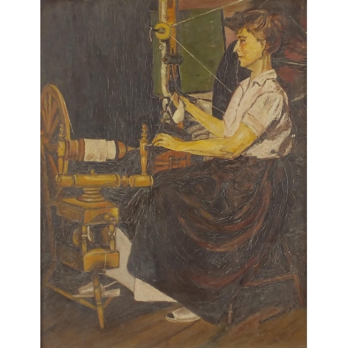 1585 - Lady in an interior spinning yarn, 20th century English school oil on board, bearing a signature Joh... 