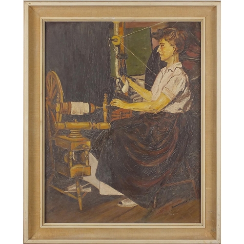1585 - Lady in an interior spinning yarn, 20th century English school oil on board, bearing a signature Joh... 