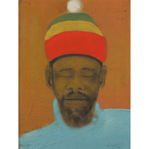 1334 - Aubrey Williams - Portrait of a man wearing a Rastafarian hat, oil on canvas laid on board, framed w... 