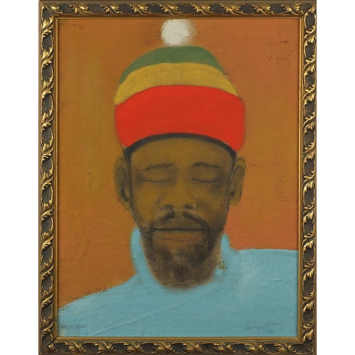 1334 - Aubrey Williams - Portrait of a man wearing a Rastafarian hat, oil on canvas laid on board, framed w... 