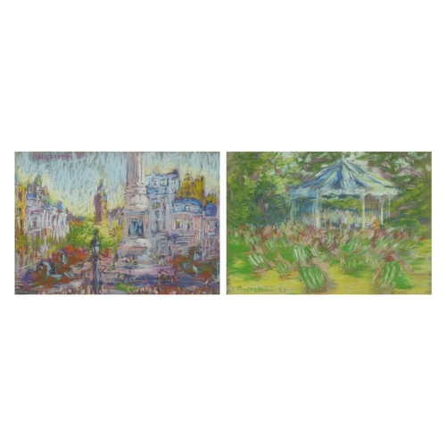 1643 - Baleztena - Spanish street scene and one other, pair of pastel, mounted and framed, each 29cm x 20.5... 