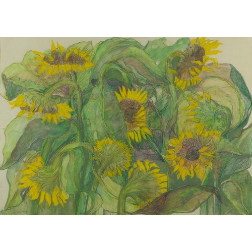 1652 - Still life Sunflowers, mixed media on paper, bearing a signature H Moore, mounted and framed, 63cm x... 