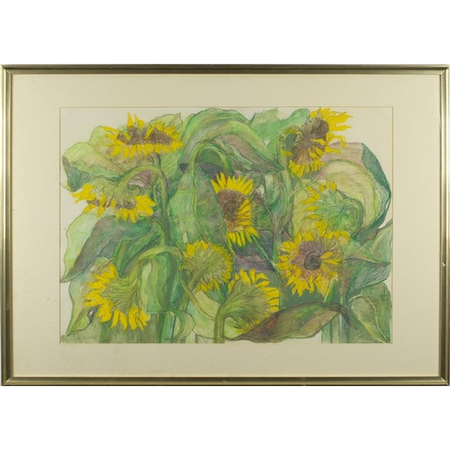 1652 - Still life Sunflowers, mixed media on paper, bearing a signature H Moore, mounted and framed, 63cm x... 