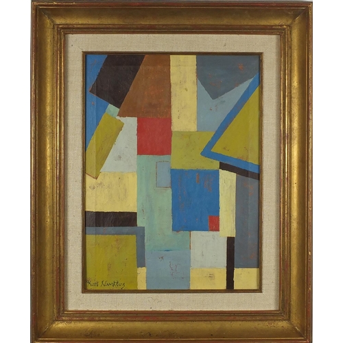 1467 - Abstract composition, geometric shapes, oil on canvas, bearing a signature Kurt Schwithing and inscr... 