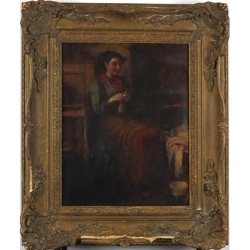 1481 - Female seated in an interior, oil on board, bearing an indistinct signature Smith, framed, 31cm x 24... 