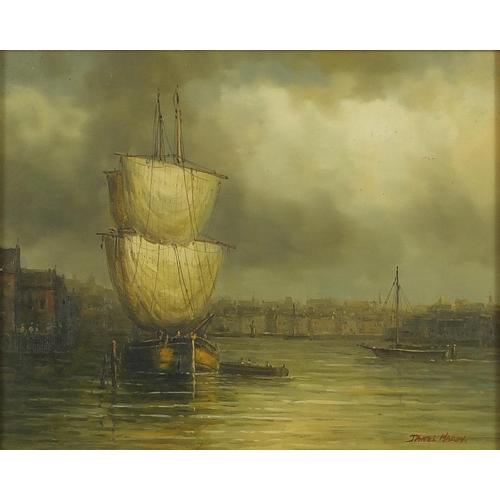 1628 - James Hardy - French harbour scene, oil on panel, mounted and framed, 24cm x 19.5cm